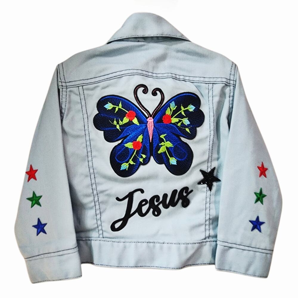 Jesus Butterfly Christian Motif Upcycled Pale Blue Levi's Denim Jacket, Kids 6